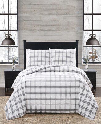 Plaid 3 Piece Flannel Comforter Set, King - White, Gray
