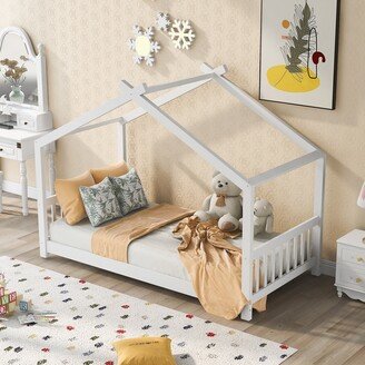 EDWINRAY Twin House Platform Bed with Headboard & Footboard, Wood Low Bedframe with Roof for Kids Bedroom, No Box Spring Needed, White