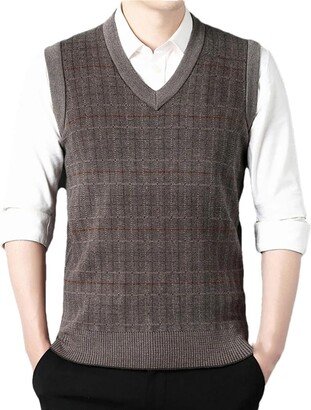 Dninmim Men's V-Neck Knitted Sweater Vest Winter Business Casual Sleeveless Sweater H29Khaki Asian M(55-60kg)