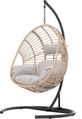 GEROJO Indoor Outdoor Swing Egg Chair, Natural Wicker with Black Frame and Beige Cushion, Large Basket Seat for Superb Relaxation