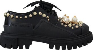 Black Leather Trekking Derby Embellished Women's Shoes