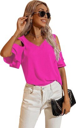 Milumia Women's Casual Cold Shoulder V Neck Flounce Short Sleeve Solid Work Blouse Tops A Hot Pink X-Large