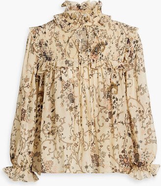 Ruffled printed silk and wool-blend blouse