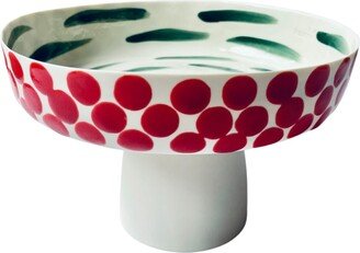 Kaase Atelier Dots & Stripes Handmade Fine Porcelain Medium Footed Christmas Red Green Serving Bowl