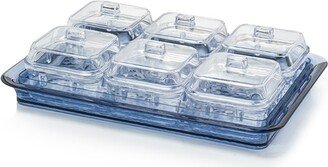 Acrylic Blue Tray w/ 6 Clear Bowls, Condiment Dishes, Serving Bowls, or Buffet Server, BPA Free, Perfect for Fruit, Appetizers, Chip & Dip