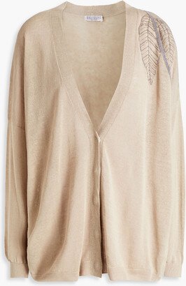 Bead-embellished cutout linen-blend cardigan