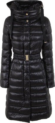 Quilted Hooded Drawstring Belted Down Coat