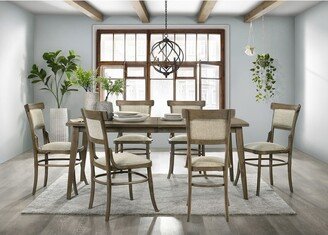 Lilola Home Bistro Vintage Walnut 7 Piece 72 Dining Table Set with Off White Fabric Dining Chairs