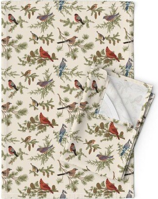 Vintage Birds Tea Towels | Set Of 2 - Winter By Olgakorneeva Bird Green Retro Linen Cotton Spoonflower