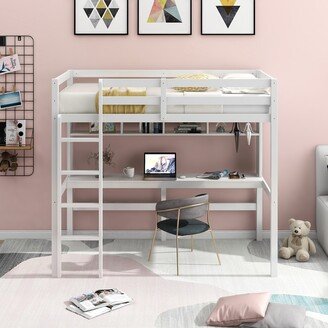 IGEMAN White Twin Size Wood Loft Bed with Convenient Desk, Shelves and Ladder