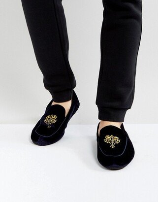 Embrioded Loafer Slippers Blue Velvet