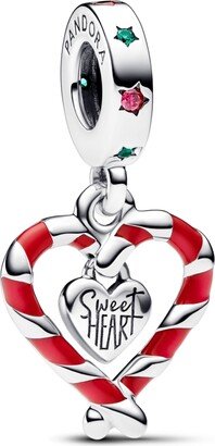Cubic Zirconia Double Candy Cane Heart Christmas Dangle Charm