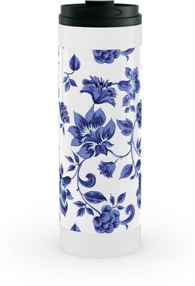 Travel Mugs: Fleurs De Provence - Blue And White Stainless Mug, White, 16Oz, Blue