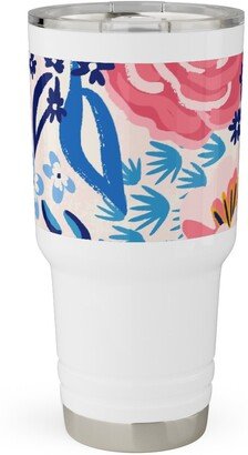 Travel Mugs: Chintz Roses - Coral And Blue Travel Tumbler, 30Oz, Pink