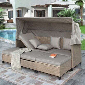 Tiramisubest 5 Pieces Outdoor Patio Rattan Sectional Sofa Set, PE Wicker Conversation Set w/ Canopy