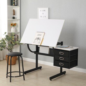 GEROJO White Adjustable Drafting Table with Stool, 3 Drawers, and Glass Top
