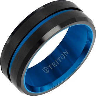 Men's Brushed Finish Wedding Band in Black & Blue Tungsten Carbide - Black Blue