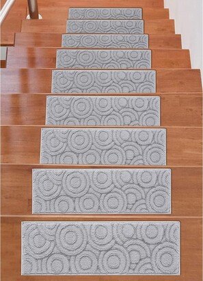 Beverly Rug Indoor Non Slip Carpet Stair Treads w/ Installed Tape 9x28 Circles Light Grey / Dark Grey