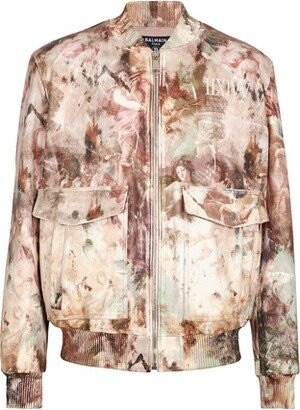 Pastel print leather bomber jacket