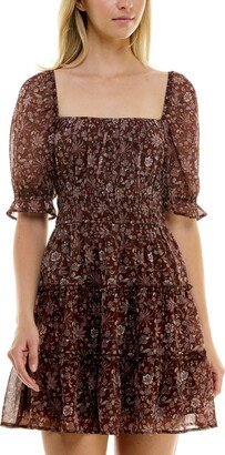 Juniors' Printed Tiered Fit & Flare Dress - Brown/Multi