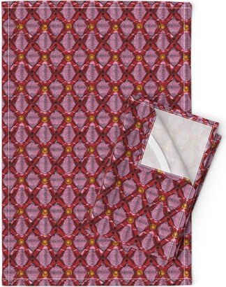 African Wax Print Tea Towels | Set Of 2 - By Ottomanbrim Red Pink Ogee Afrocentric Linen Cotton Spoonflower