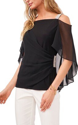 Rhinestone Trim Cold Shoulder Chiffon Blouse