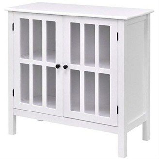 White Wood Bathroom Storage Floor Cabinet with Glass Doors - 32