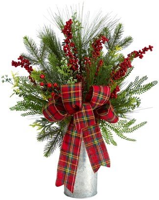 Holiday Winter Greenery, Berries and Plaid Bow Artificial Christmas Arrangement Home Decor, 28