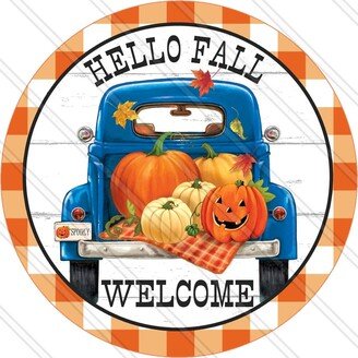 Hello Fall Sign - Blue Truck Autumn Wreath Metal