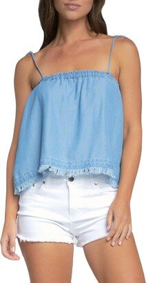 Womens Chambray Fringe Crop Top