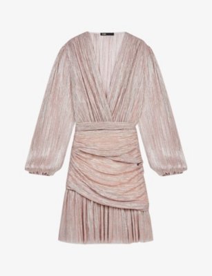 Pleated-metallic woven mini dress