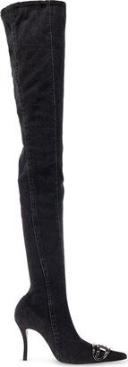 Pointed-Toe Thigh-High Denim Boots-AA