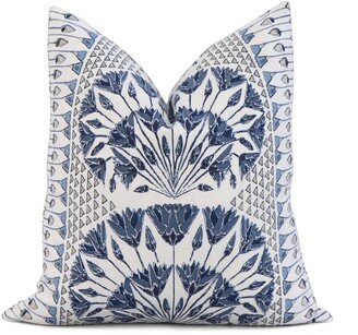 Thibaut Cairo Blue & White Floral Throw Pillow Cover Case With Zipper, Designer Anna French Euro Sham Cushion For Coastal Home Decor