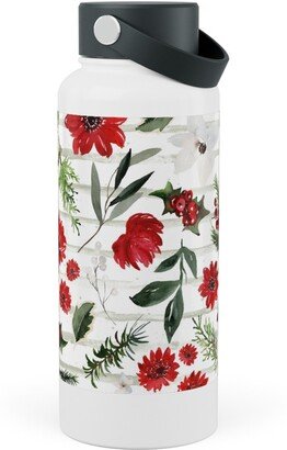 Photo Water Bottles: Jolly Christmas Florals - Mint Sage Stripes Stainless Steel Wide Mouth Water Bottle, 30Oz, Wide Mouth, Multicolor