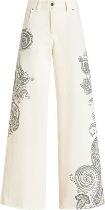 Paisley-Print Wide-Leg Jeans-AA