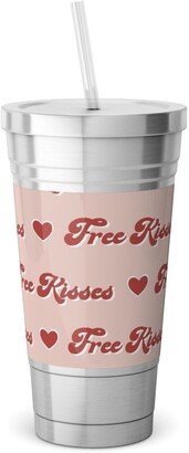 Travel Mugs: Free Kisses - Retro Hearts - Red On Pink Stainless Tumbler With Straw, 18Oz, Pink