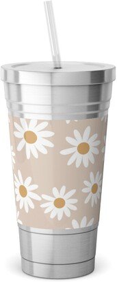 Travel Mugs: Daisies Stainless Tumbler With Straw, 18Oz, Pink