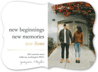 Moving Announcements: New Memories Moving Announcement, White, 5X7, Pearl Shimmer Cardstock, Bracket