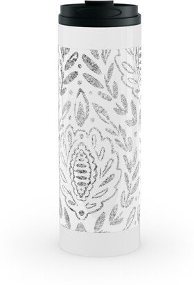 Travel Mugs: Distressed Damask Leaves - Grey Stainless Mug, White, 16Oz, Gray