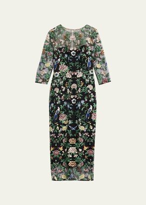 Floral-Embroidered Illusion Midi Dress