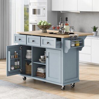 Calnod Kitchen Cart with Rubber Wood Drop-Leaf Countertop kitchen Island, Cabinet Door Internal Storage Racks and 3 Storage Drawers