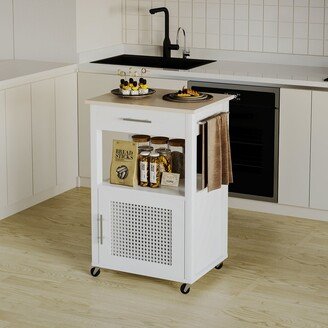 Pingliang Home Rolling Rattan Kitchen Cart with Single Door Cabinet and Storage Shelf - N/A