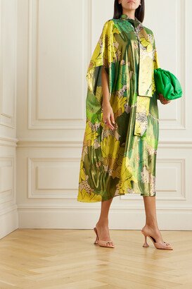 Pussy-bow Printed Silk-blend Satin Kaftan - Green