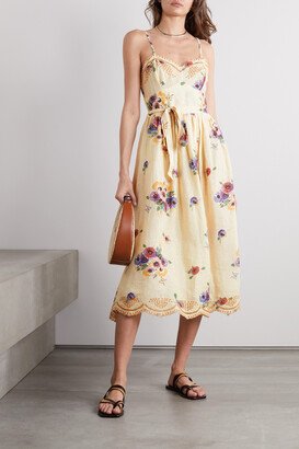 Betina Belted Printed Broderie Anglaise Linen Midi Dress - Yellow