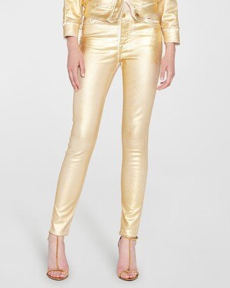 Raw-Edge Metallic Denim Skinny-Leg Ankle Pants