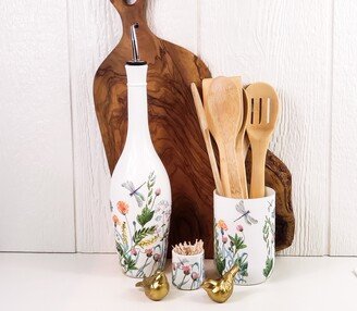 Dragonfly & Wildflowers Kitchen | 25.4 Oz Up-Cycled Oil Or Vinegar Cruet, Utensil /Vase, Toothpick Holder One Of A Kind