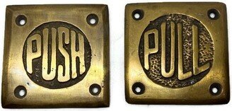 2 Solid Brass Push Pull Small Heavy Door Plate Sign 2.1/2 Inch Cast Black Relief Polished Letters