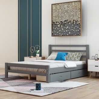 CTEX Full Size Solid Pine Wood Platform Bed with 2 Under Bed Storage Drawers