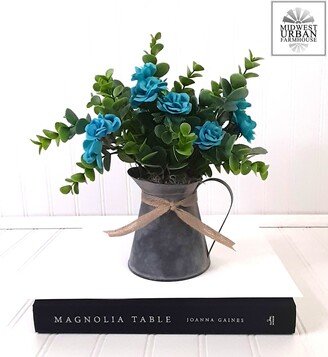 Farmhouse Water Pitcher|Teal Blue Roses Decor|Farmhouse Centerpiece|Table Decor|Fixer Upper|Rustic Decor|Galvanized Pitcher|Gifts For Her