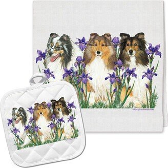 Shetland Sheepdog Sheltie Floral Kitchen Dish Towel & Pot Holder Gift Set